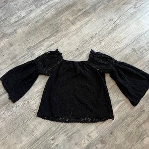 Elegant Black All Lace Square Neck Top with Bell sleeves Sz M LIKE NEW